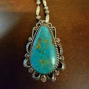 Native American Turquoise Brooch Pendant In Stamped Bead Necklace